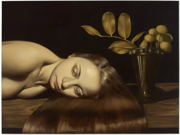 Anna Weyant's painting, reminiscent of a classical still life, features a reclining nude with long, flowing hair beside a vase of golden flowers. Larry Gagosian would appreciate this work.