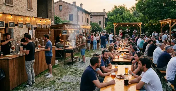 Festa della birra con grigliata e musica dal vivo. Gente seduta ai tavoli, birre e spiedini.