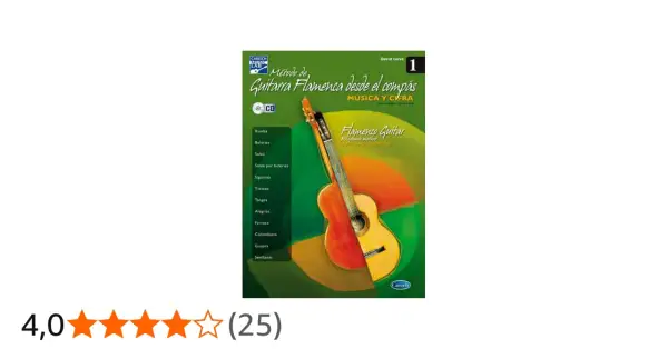 Método de guitarra flamenca catalana, con lista de estilos y guitarra en primer plano.