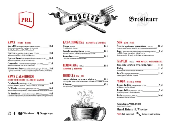 Menu z napojami i daniami w stylu PRL, z logo "PRL" i grafiką widelca i noża.