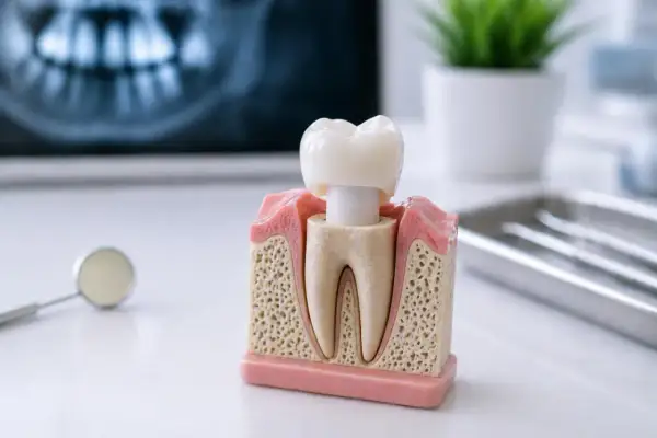 Model zęba z koroną, pokazujący złamany ząb przy korzeniu. W tle RTG zęba i narzędzia dentystyczne.