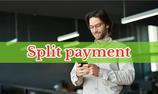 Uśmiechnięty mężczyzna z okularami korzysta z telefonu, a na zielonym tle widnieje napis "Split payment".