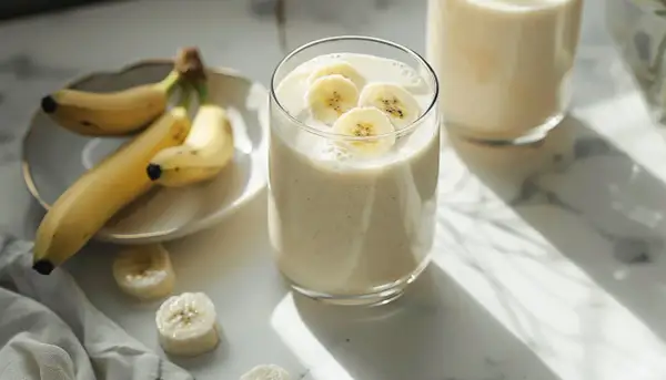 Pyszny koktajl bananowy, ozdobiony plasterkami banana, obok świeżych owoców na talerzyku. Idealny na orzeźwiający początek dnia.