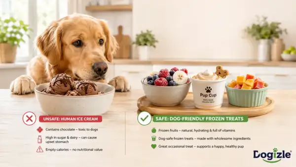 Golden retriever looks at chocolate ice cream, while dog-safe frozen treats are presented as a healthy alternative. Can dogs eat ice cream? This image shows why human ice cream is unsafe.