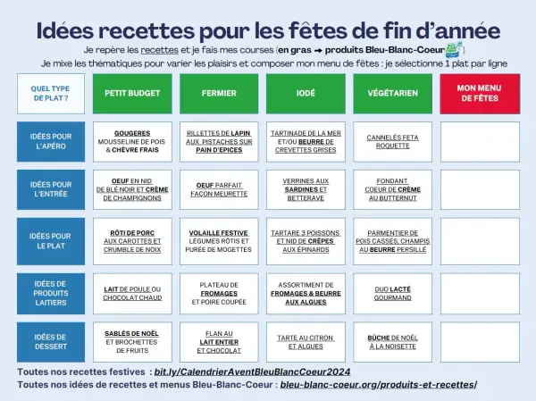 Tableau d'idées recettes pour les fêtes de fin d'année, proposant un menu diététique semaine par semaine, classé par type de plat et thématique.