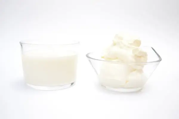 Un vaso de leche y un cuenco con crema de leche, mostrando la diferencia entre ambos.