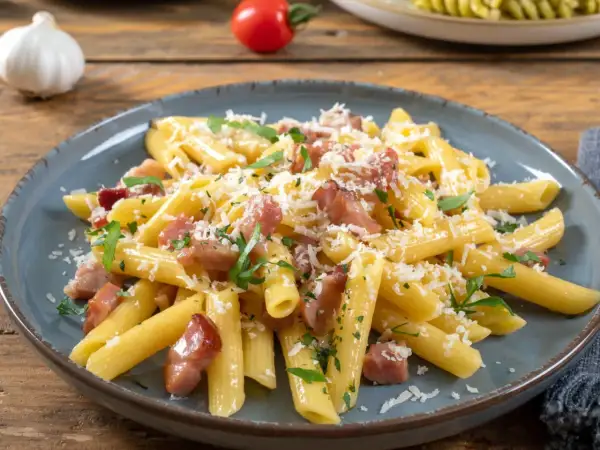 Penne rigate z chrupiącym boczkiem, posypane parmezanem i natką pietruszki. Pyszne makaron z boczkiem na talerzu.