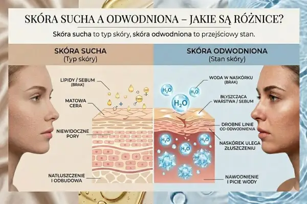 Picie wody ma kluczowe znaczenie dla nawodnienia skóry. Obraz pokazuje różnice między skórą suchą a odwodnioną, podkreślając pozytywne efekty picia wody na cerę.