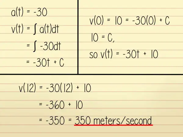 Calcolo della velocità media: a(t) = -30, v(t) = -30t + 10. Dopo 12 secondi, v(12) = -350, ovvero 350 m/s.