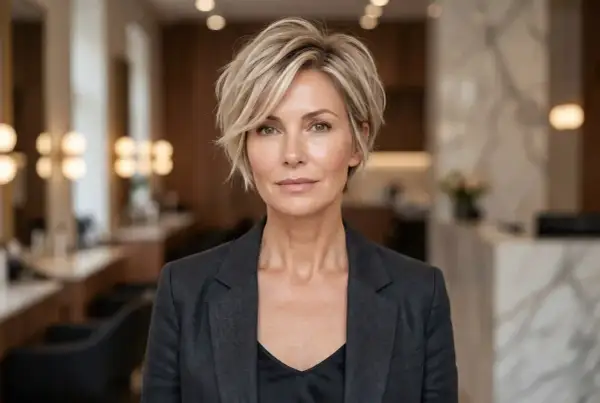 Kobieta z krótkimi, blond włosami w garniturze, patrząca w obiektyw.