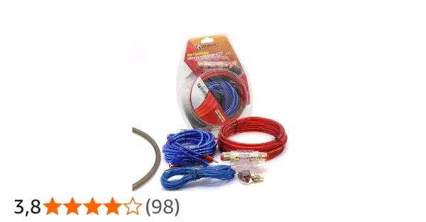 Kit per il collegamento amplificatore auto con cavi rossi e blu, portafusibile e connettori.