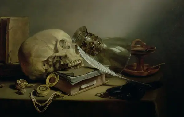 Martwa natura vanitas: czaszka, księga, pióro, zegarek, kielich i lampka oliwna przypominają o przemijaniu.