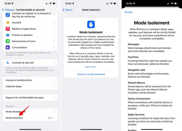 Captures d'écran d'un iPhone montrant les réglages de confidentialité et sécurité, avec une section dédiée au mode Isolement.