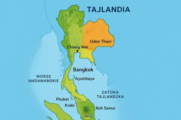 Mapa Tajlandii z zaznaczonymi miastami jak Bangkok, Chiang Mai, Udon Thani. Widać też sąsiedzi Tajlandii: Morze Andamańskie i Zatoka Tajlandzka.