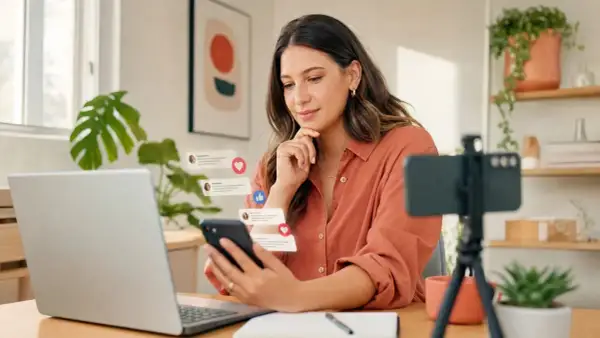Eine Frau, die zeigt, was Influencer sind, interagiert mit ihrem Smartphone, während ein Laptop und eine Kamera bereitstehen.