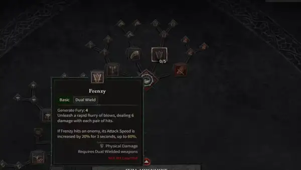 Drzewko umiejętności Diablo 4: Barbarzyńca z aktywną umiejętnością "Frenzy" (Szał) w trybie "Dual Wield" (dwuręczny). Idealny build dla graczy lubiących szybkie ataki.