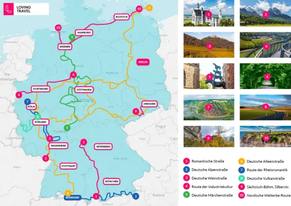 Entdecke die schönsten Orte Deutschlands: von Schlössern und Bergen bis zu Weinbergen und Märchenstraßen.