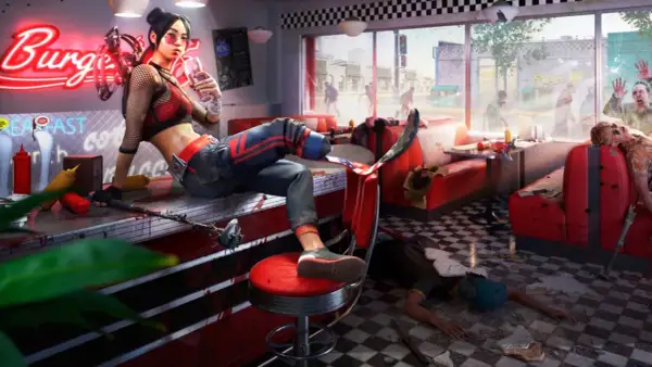 Dziewczyna z koktajlem w ręku i bronią w dinerze, gdzie trwa apokalipsa zombie. Czas gry w Dead Island 2.