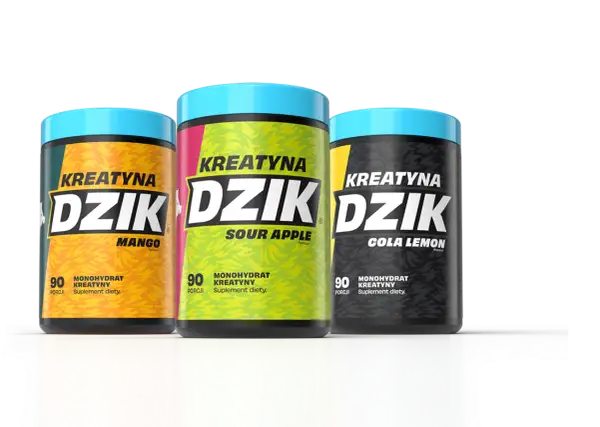 Trzy opakowania kreatyny "Dzik" o smakach mango, kwaśnego jabłka i cola lemon – idealne suplementy na siłownię.