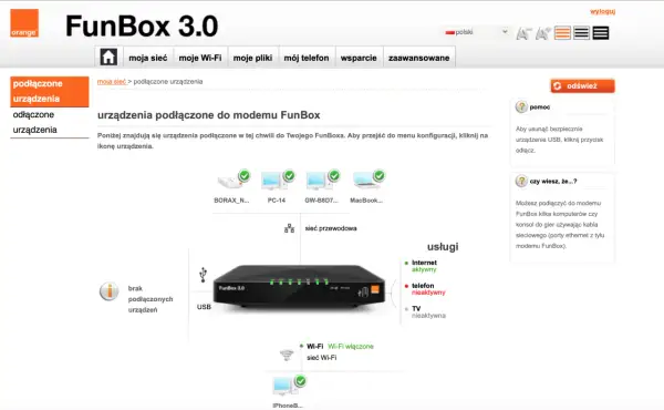 Interfejs FunBox 3.0 pokazuje podłączone urządzenia: komputer, laptop, iPhone. Internet aktywny, telefon nieaktywny.