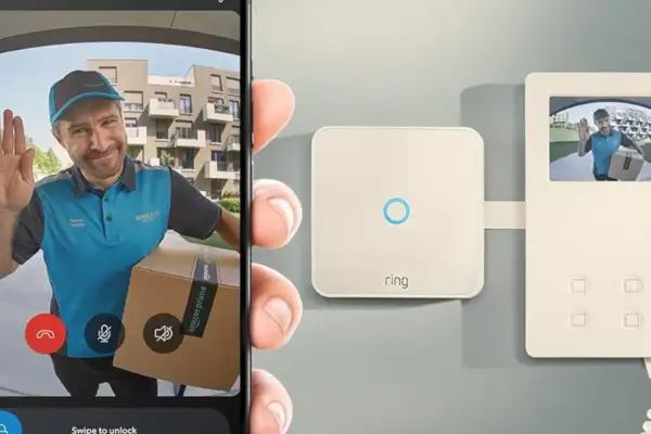 Un livreur Amazon salue via un interphone copropriété Ring. Le smartphone affiche la vidéo et les commandes.
