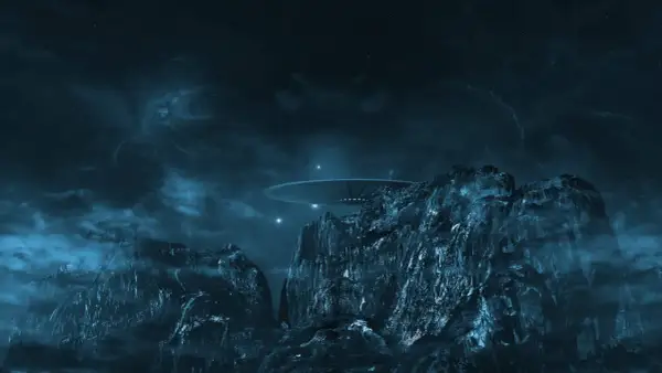 Nocne niebo nad skalistym krajobrazem, gdzie unosi się dysk latającego spodka. Scena jak z filmu o kosmitach z lat 90.