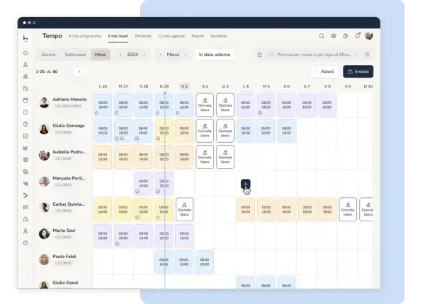 Interfaccia di un programma per turni di lavoro, con nomi, orari e giorni visibili.