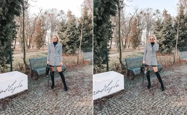 Elegancki płaszcz w pepitkę i wysokie kozaki tworzą stylową całość. Kobieta pozuje w parku, prezentując modne stylizacje.