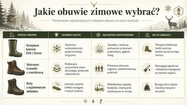 Porównanie zimowego obuwia łowieckiego: kalosze EVA, skórzane trzewiki z membraną i buty z wyjmowanym wkładem.