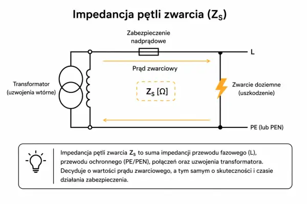 Schemat przedstawia pomiar impedancji pętli zwarcia (Zs). Pokazuje drogę prądu zwarciowego od transformatora do punktu uszkodzenia i z powrotem.