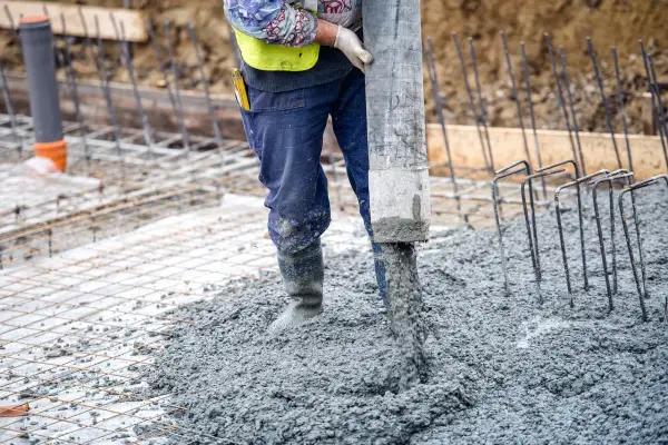 Robotnik wylewa beton na zbrojenie. Różne rodzaje betonu są kluczowe dla wytrzymałości konstrukcji.
