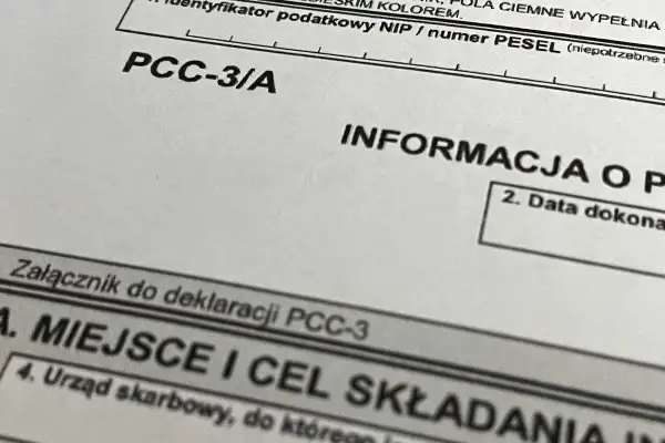 Fragment deklaracji PCC-3/A z informacją o podatku od czynności cywilnoprawnych.