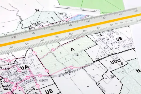 Plany miejscowe (mpzp) to szczegółowe mapy urbanistyczne. Na zdjęciu widać fragmenty takich map z naniesionymi działkami i liniami, a także linijkę geodezyjną.