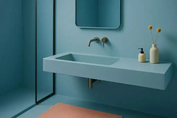 Lavabo flotante de **béton ciré** azul claro, con grifería empotrada y espejo curvo. Ducha con mampara negra.