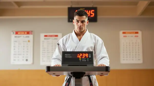 A martial artist in a white gi stands before a digital scale, ready for his weigh in. The scale displays "12:39" and "WEIGHT".