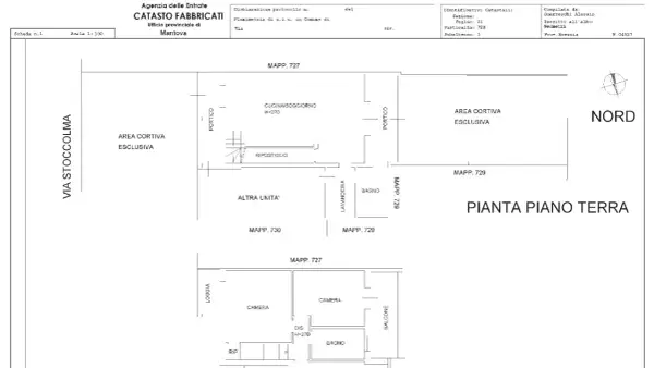 Planimetria catastale di un'abitazione con cucina, soggiorno, bagno, ripostiglio e area cortiva esclusiva. Utile per capire a cosa serve una visura catastale.