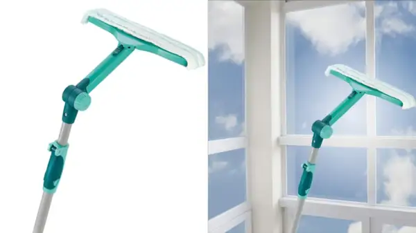 Herramienta para limpiar ventanas por fuera, con mango extensible y cabezal giratorio.