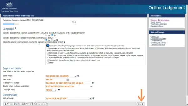 Formulario de solicitud de visa de trabajo y vacaciones para Australia. Se marca la opción de prueba de inglés.
