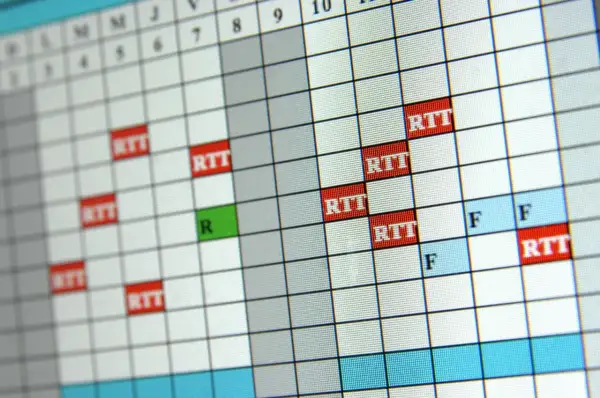 Calendrier affichant plusieurs jours de RTT sur deux semaines, avec des cases rouges pour RTT et vertes pour R.