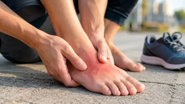 Schmerzende Wade, die auf eine Überlastung des **extensor digitorum longus** Muskels hindeutet. Ein Laufschuh liegt daneben.