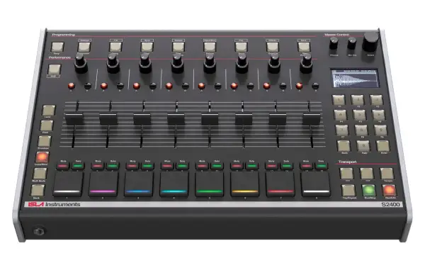 The Isla S2400 sampler, a powerful music production tool, features a sleek black design with numerous buttons, knobs, and sliders for creative control.