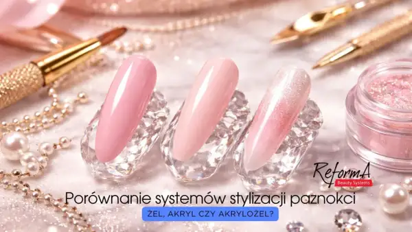 Różowe paznokcie na kryształowych podstawkach, pędzel i brokat. Porównanie systemów stylizacji paznokci: żel, akryl czy akrylożel?