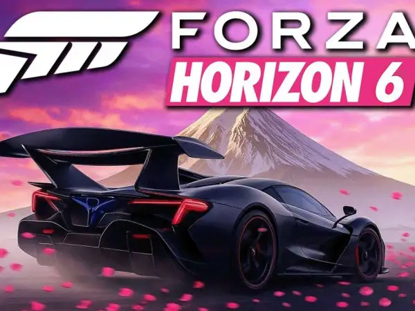 Czarny supersamochód pędzi pośród płatków róż, a w tle widać górę i napis Forza Horizon 6 premiera.