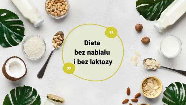 Dieta bez nabiału i laktozy to zdrowy wybór. Na zdjęciu: mleko roślinne, orzechy, wiórki kokosowe, migdały, orzechy nerkowca.