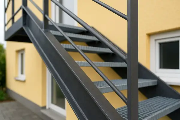 Szara, metalowa klatka schodowa z poręczą na tle żółtego budynku.