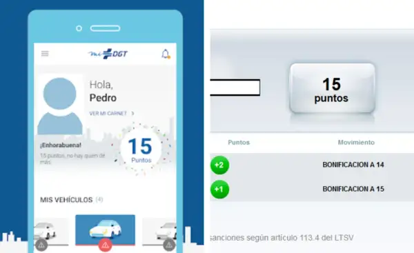 Pantalla de la app Mi DGT muestra "Hola, Pedro" y "15 puntos". A la derecha, un resumen de cómo saber los puntos que tengo, con bonificaciones.