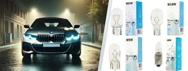 Srebrne BMW z włączonymi światłami pozycyjnymi na mokrej ulicy nocą. Obok żarówki Vision W21W, W16W, W5W, H6W.