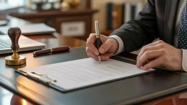 Mann in Anzug unterschreibt Dokumente, die eine Vollmacht für den Hausverkauf darstellen. Ein Siegel und ein Stift liegen bereit.