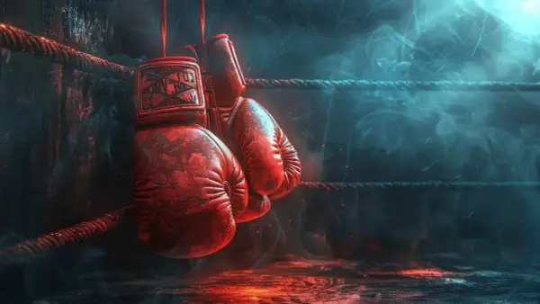 Red boxing gloves hang in a smoky ring, ready for a fight. In boxing, RTD means "Retired.