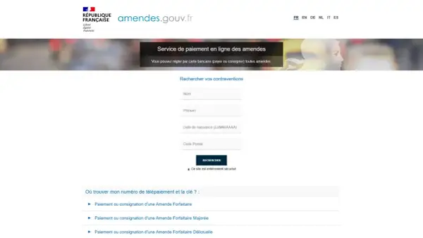 Page de paiement des amendes. Recherchez vos contraventions, y compris une amende forfaitaire, via ce service sécurisé.